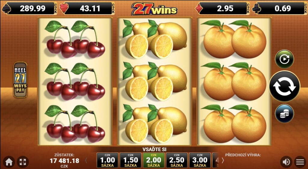 27 WINS – tříválcový ovocný výherní automat