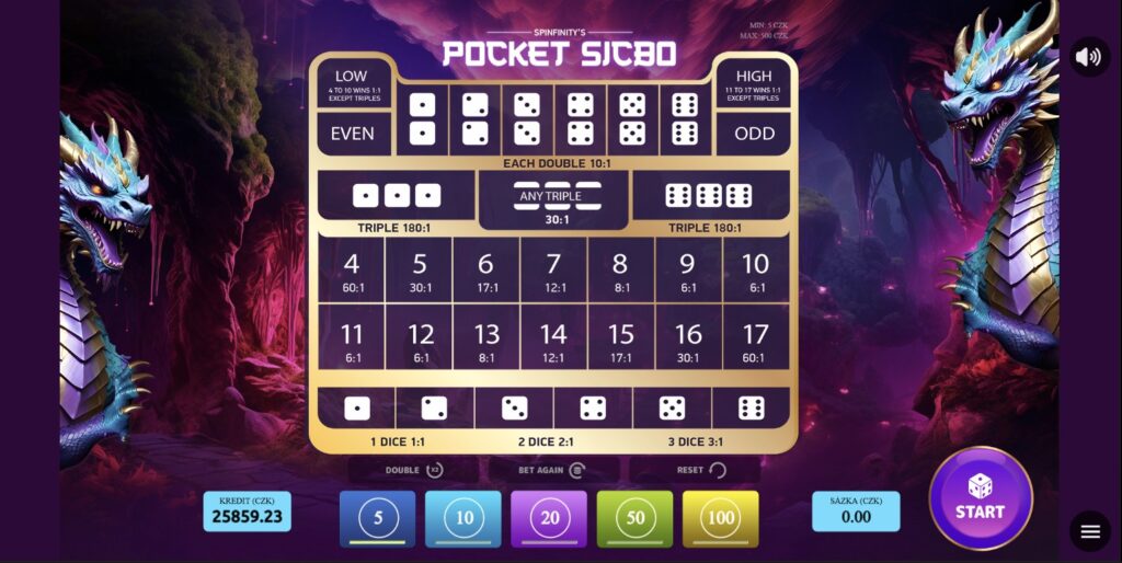 POCKET SIC BO, čínská hra s kostkami, výherní automat, screenshot
