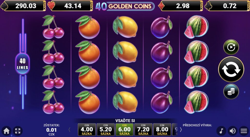 40 GOLDEN COINS, 5válcový ovocný automat, screenshot