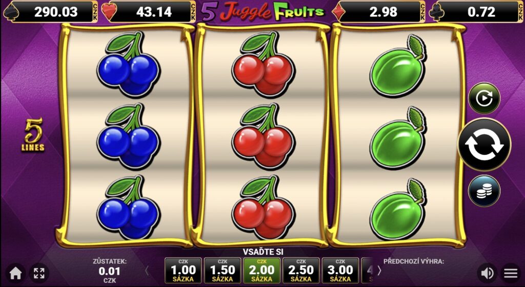 5 JUGGLE FRUITS, klasická retro ovocný automat, screenshot