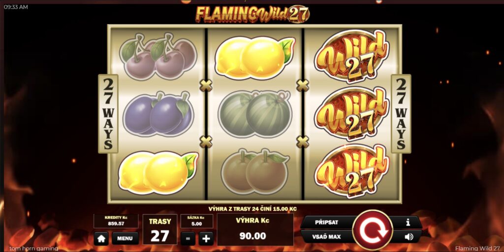 FLAMING WILD 27, klasický ovocný 3válcový automat s motivem ohně, screenshot
