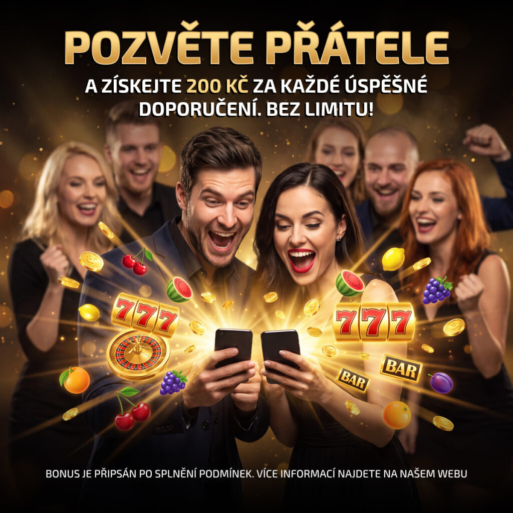 Pozvěte přátele do kasina a získejte 200 Kč odměnu. Bez limitu! Bonus je připsán po splnění podmínek.