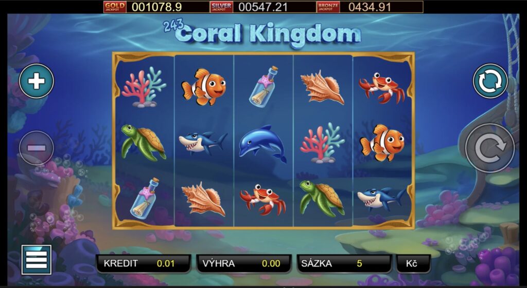 243 CORAL KINGDOM, 5válcový hrací automat z korálového útesu, screenshot