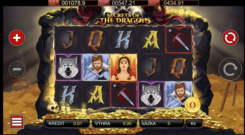 SECRETS OF THE DRAGONS, 5váílcový automat z prostředí dračího doupětr, screenshot